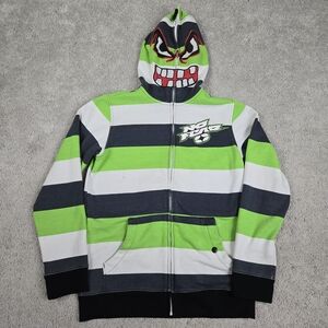No Fear Youth XL Jacket Monster Face Zip Up Hoodie Sweater Green Black Striped